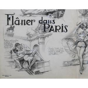 Julien Jacques Leclerc 1885-1972 Stroll In Paris, Drawing, Circa 1950