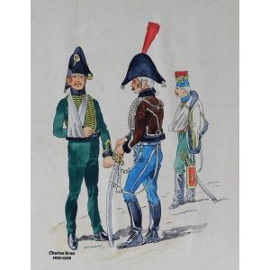 Charles Brun 1825-1908 Three Soldiers In Uniform, Drawing, Napoleon, Empire