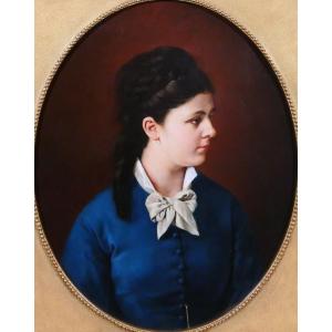 French School Circa 1870, Portrait Of A Woman In A Blue Dress, Painting