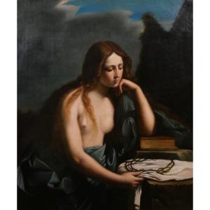 Luigi Barone 19th Penitent Mary Magdalene, Large Painting, Circa 1850-60