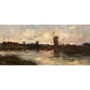 Edward Chappel 1859-1946 Landscape With Mills, Netherlands Or Belgium, Painting, Circa 1883-85