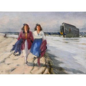 Aage Wang 1879-1959 Two Women On The Beach, Painting, Circa 1920-30