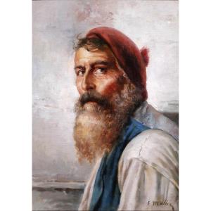 E. Müller 19-20th Portrait Of A Bearded Man, Fisherman, Painting, Circa 1900