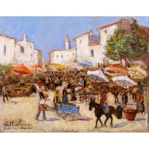Arthur Perrier, Market Scene Landscape, Painting Circa 1930