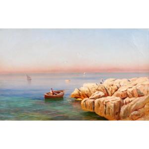 François Gautier 1842-1917 Boat Near Marseille, Painting, Seascape Impressionism, C. 1890