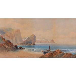 John Clarke Isaac Uren 1845-1932 Cornwall, Penzance, Landscape With Boats, Large Drawing