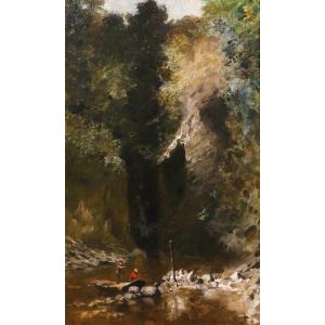 François Schommer 1850-1935 River Landscape With Fishermen, Painting, Barbizon, Circa 1900-10