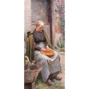 Impressionist School Circa 1890-1900, Woman Seated In The Garden, Large Painting, Barbizon Normandy