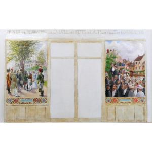 French School Circa 1905 Design Of Decorations For The Town Hall Of Corbeil, Essonnes, Large Painting