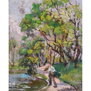 Suzanne Minier 1878-1955 Landscape With A Fisherman, Painting, Circa 1910-20 Post-impressionism