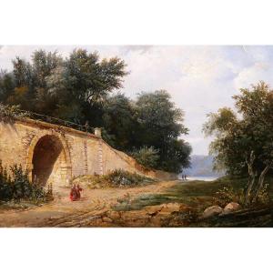 Christian Brune 1793-1849 Landscape With A Bridge, Painting Circa 1820-30 Romanticism Bertin