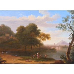 Pierre-henri De Valenciennes (attributed To) 1750-1819 Landscape With Bathers, Painting, Naked Man