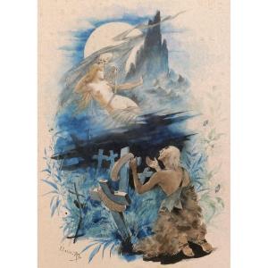 J. Ulysse-roy 1858-after 1896 The Young Woman And Death, Drawing Nude Woman Symbolism Painting