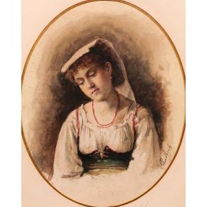Alexander Rudbeck 1829-1908 Portrait Of An Italian Woman, Drawing, Sweden Painting Italy Swedish