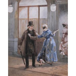 Orlando Norie 1832-1901 Couple At The Café Du Parc Danceroom, Humorous Drawing