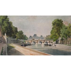 Paul Mültzer 1833-1891 Paris, The Pont-neuf, Drawing, Watercolor 1879 Impressionism Landscape