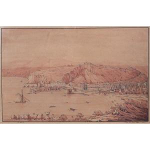 P. Merle, 19th Century, Nice, The Entrance To The Port, Drawing, 1834, Romantic Painting, Guiaud