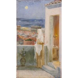 French School, Early 20th Century, Woman Before A Moonlit City, Signed Painting, Symbolism