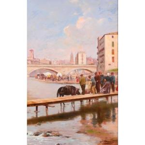 J. Grassin, Spain, Girona, View Of The Pont De Pedra, Landscape Circa 1900, Modernist Painting
