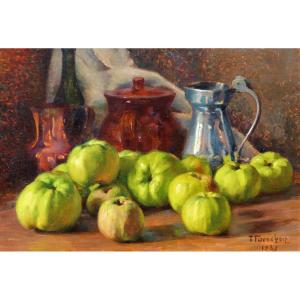François Forichon 1865-1952 Still Life With Apples, 1929, Impressionist Fruit Painting