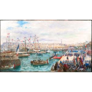 Paul Merwart 1855-1902 Tunisia, The Port Of Sousse, Inauguration Of Port Works, Large Painting