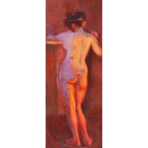 Emile Tremblay 1855-1935 Nude Woman, Mauve And Orange Effect, Painting Circa 1900 Impressionism