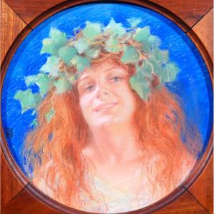 French School, Circa 1890-1900. Portrait Of A Woman With A Crown, Pastel, Art Nouveau.