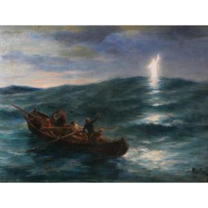 Antoine Morlon 1834-1913 Christ The Savior, Painting, Salon, 1887, Boat, Sea, Marine Religion