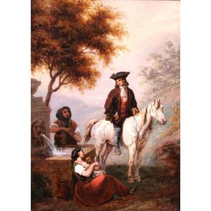 Clément Pruche 1811-1890 Landscape With Horseman At The Fountain, Romantic Painting Of A Horse