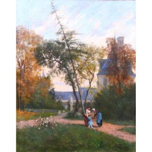 Fernand Lutscher 1848-1923 The Meeting In The Castle Park, Large Painting, 1879 Landscape