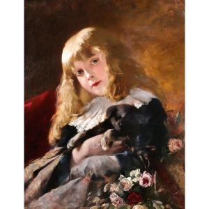 Friedrich Heyser 1857-1921 Portrait Of A Young Girl With A Dog, Painting, 1886, Dog Child