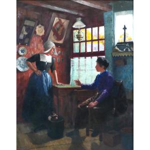 Reinhold Bressler 1868-1945 Netherlands, Couple Talking, Light Effect, Painting, Circa 1900