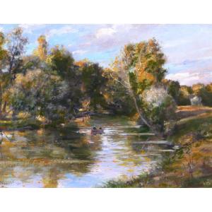 Impressionist School, 1900. River Landscape With Boat, Painting, Seine-maritime, Monet, Giverny