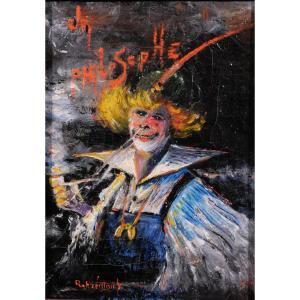 French School, Circa 1900. A Philosopher, Painting, Caricature, Humor, Clown, Portrait Of A Smoking Man