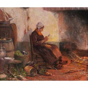 Philipp Zeltner 1865-1946 Woman In The Kitchen, Painting, Circa 1900 Netherlands Impressionism