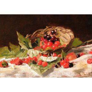 Louis Dubois 1830-1880 Still Life With Cherries, Painting, Circa 1870, Formerly In The Hulin De Loo Collection
