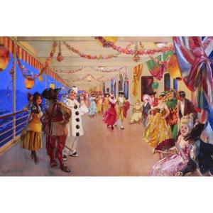Victor Gilbert 1847-1935 The Cruise Ball, Panoramic Drawing, Painting, Boat, Party, Circus