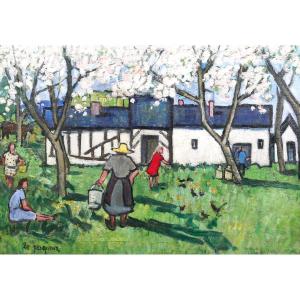 Henriette Le Pesqueux, Spring On The Farm In Normandy, Painting, Circa 1930-40, Flowering Tree