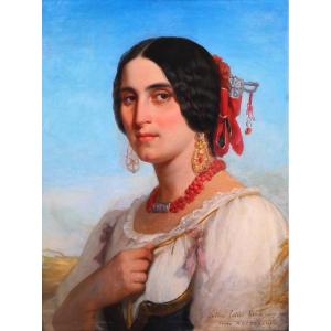 Jules Salles 1814-1900 The Beautiful Italian Woman, Portrait Of A Woman, Painting, Italy, 1846 Romanticism