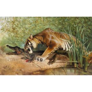Albert-joseph Keringer 1869-1941 Tiger And Crocodile, Painting, Circa 1900, Animals, Asia, Alsace
