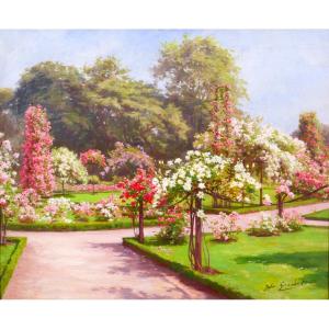 Jules Girardet 1856-1938 The Rose Garden In The Garden (bagatelle?) Painting Of Pink Flowers In The Garden