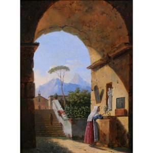 Jean-baptiste Berlot 1775-1840 Italy, Oratory In An Ancient Ruin, Painting, Landscape