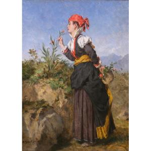 A M Guillemin 1817-1880 Pyrenees, Woman Breathing A Flower In The Mountains, Landscape Painting