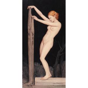 Jos Damien 1879-1973 Nude Woman With A Drape, Painting, Art Nouveau, Symbolism, Belgium