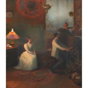 Emile-eugène Fauconnier 1857-1938 Concert, Evening Effect, Large Painting, 1894 Music, Violin