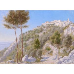 Henri-victor Delavelle 1868-1919 Eze, Landscape With Trees, Painting, Circa 1900, Nice, Sea