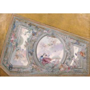 French School Circa 1890-1900, Ceiling Study For The Salon De Flore, Decorative Painting