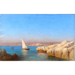 François Gautier 1842-1917 Marseille, Boat At Sea, Landscape, Painting Circa 1890 Impressionism
