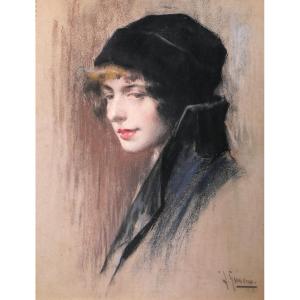 Andrés Gimeno 1879-? Portrait Of An Elegant Woman, Pastel, 1915, Spain, Painting/drawing