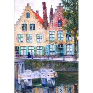 Omer Coppens 1864-1926 Brugge, Dock At The Old Tavern, Painting, C. 1900 Belgium Landscape
